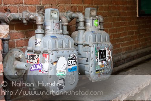 Two gas meters off the Pearl Street Mall in Boulder, CO